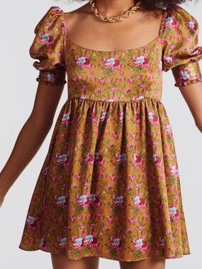 Love Shack Fancy Golden Floral Puff Sleeve Dress